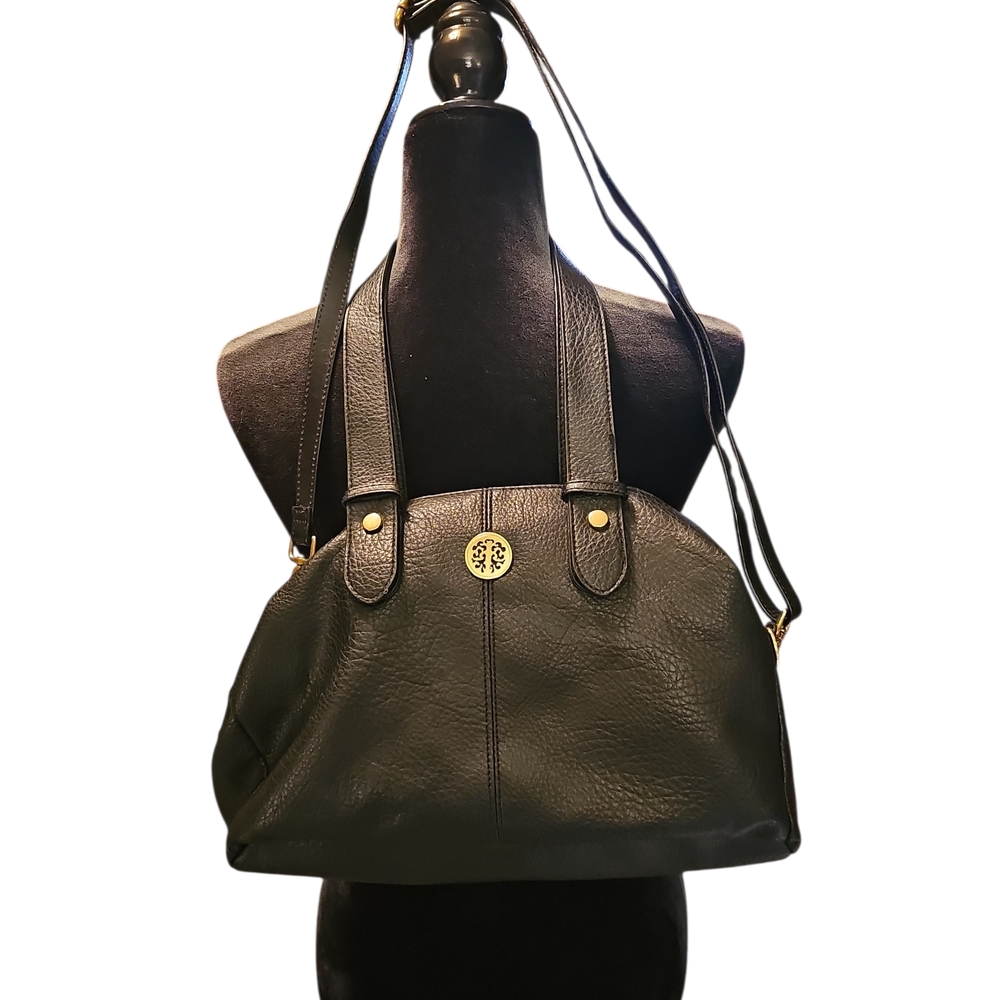 Sasha New York Black Leather Dome Shoulder Bag with Gold Logo